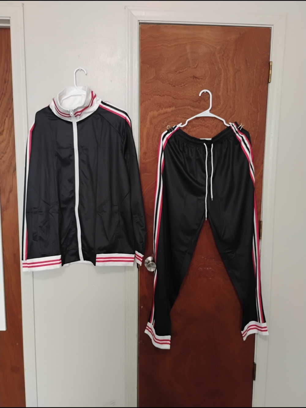 Black Track Jacket & Pants Set with Pink and White Stripes Size XL